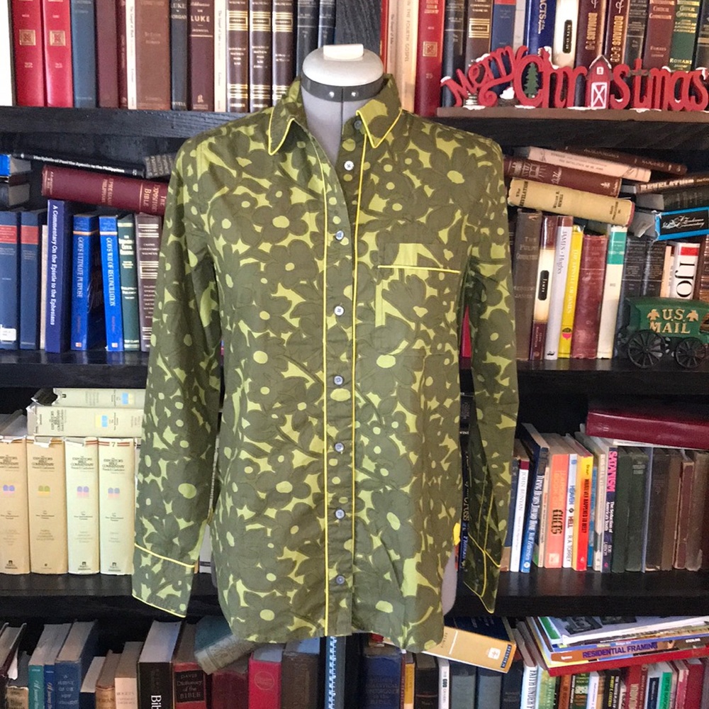 J. Crew Olive Green Printed Button-Down Shirt with Yellow Piping